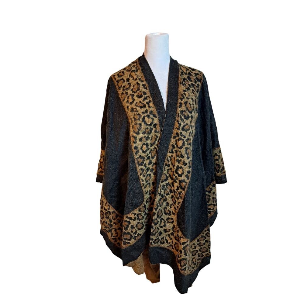 Leopard Print Wrap Reversible Black Brown Scarf One Size - Picture 1 of 5